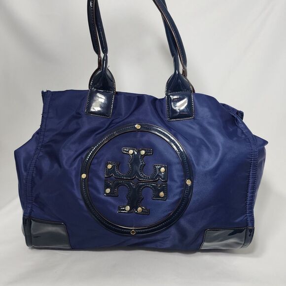 Tory Burch Ella Nylon Tote Navy Blue Patent Trim Logo Large Shoulder Bag Purse - Picture 2 of 16